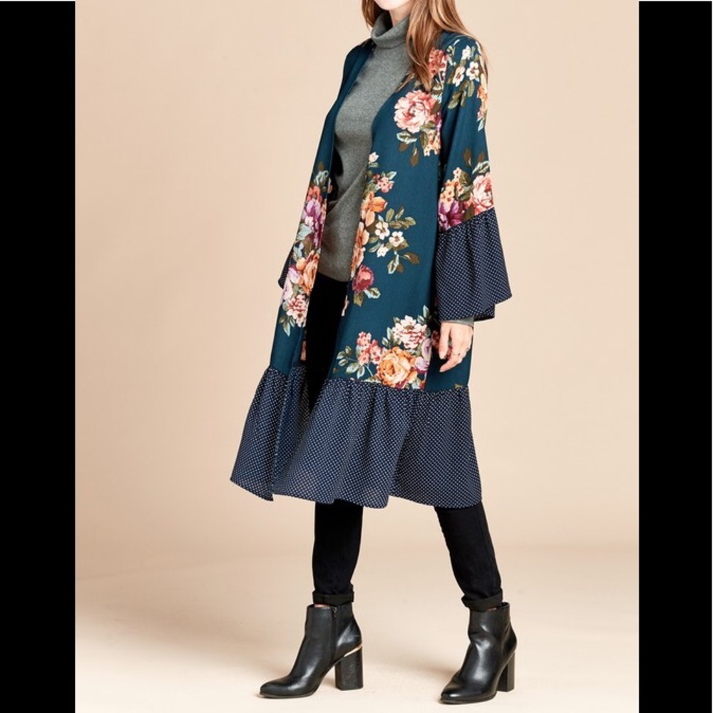 Dark teal  floral print kimono - Picture 3 of 7